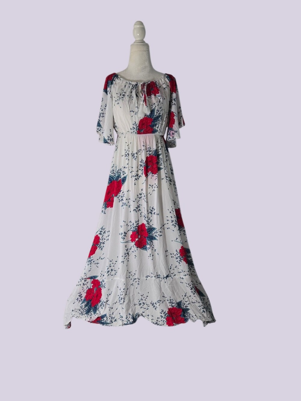 White Floral Maxi Dress with Red Blooms Sze Small